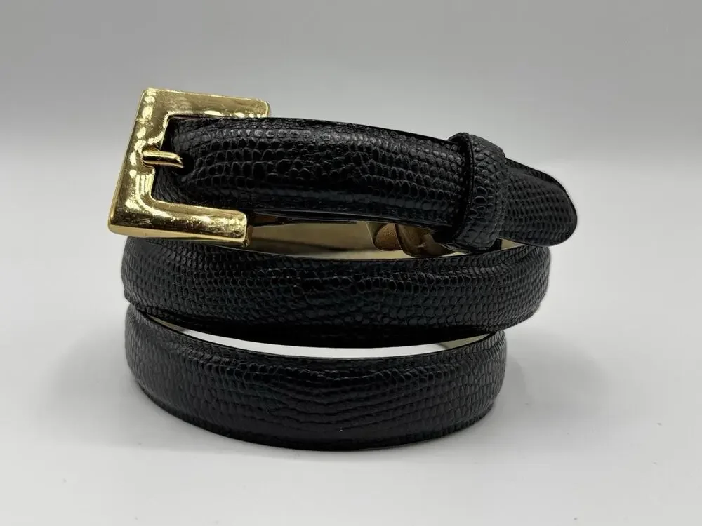 W. KLEINBERG LUXURY BLACK EMBOSSED LIZARD BELT 1/2” WIDE GOLD BUCKLE SIZE MEDIUM